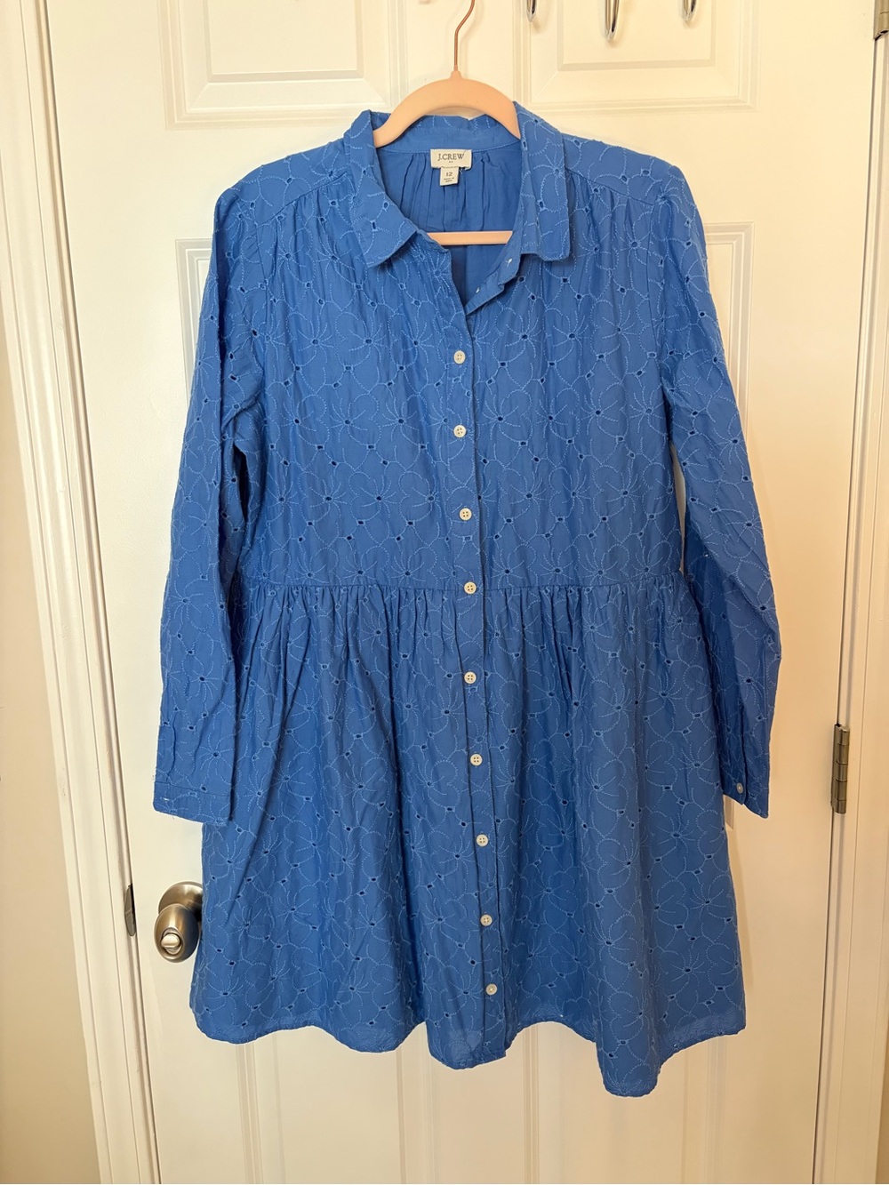J. Crew Blue Long-Sleeve Button-Front Eyelet Floral Feminine Dress - Size 12